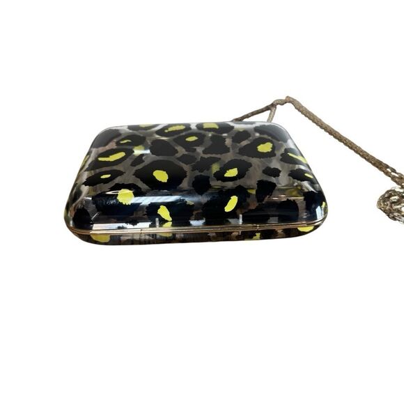 VALENTINO GARAVANI Black Yellow Leopard Print Acrylic Framed Clutch Chainlink - Picture 8 of 15